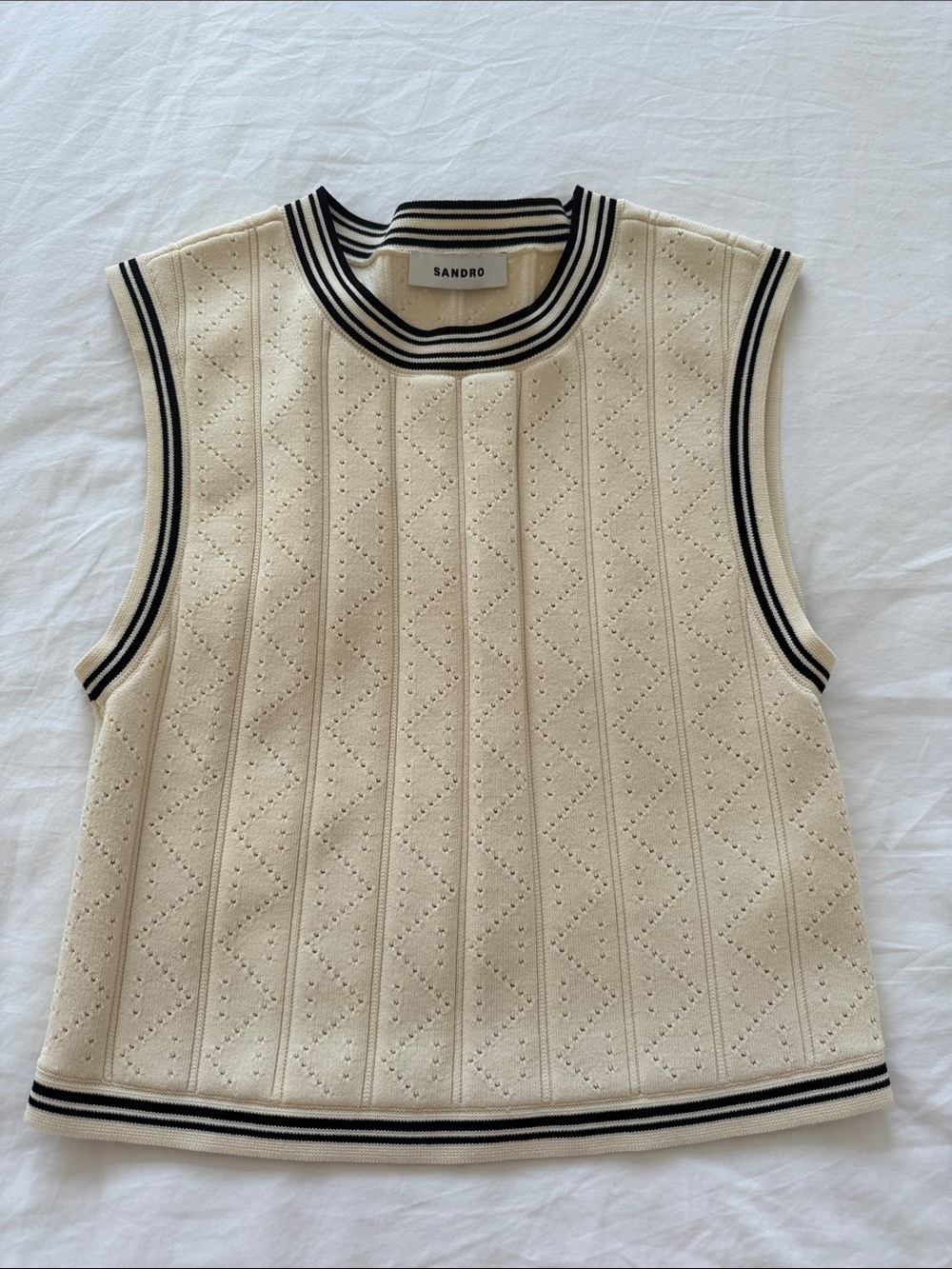 Sandro Cream Knit Sleeveless Top with Black Stripe Trim